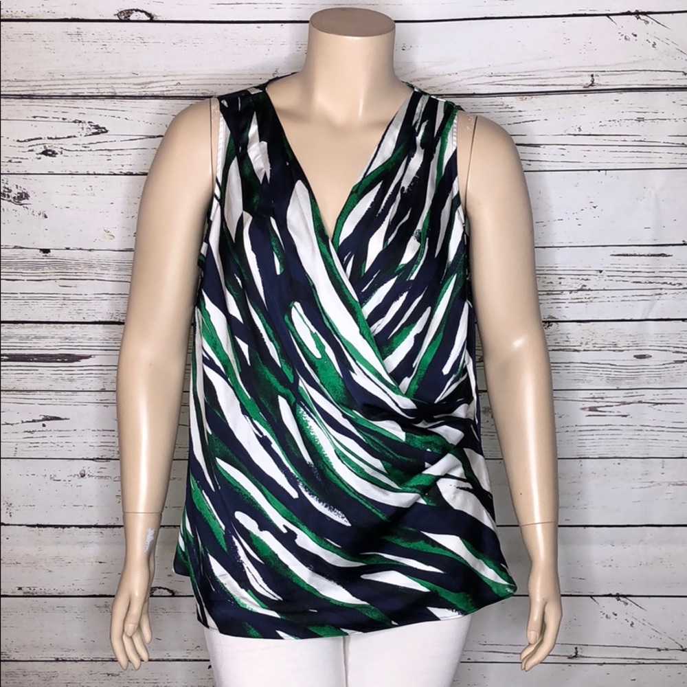 Anne Klein 2X Blue Green Printed Surplice Tank Top